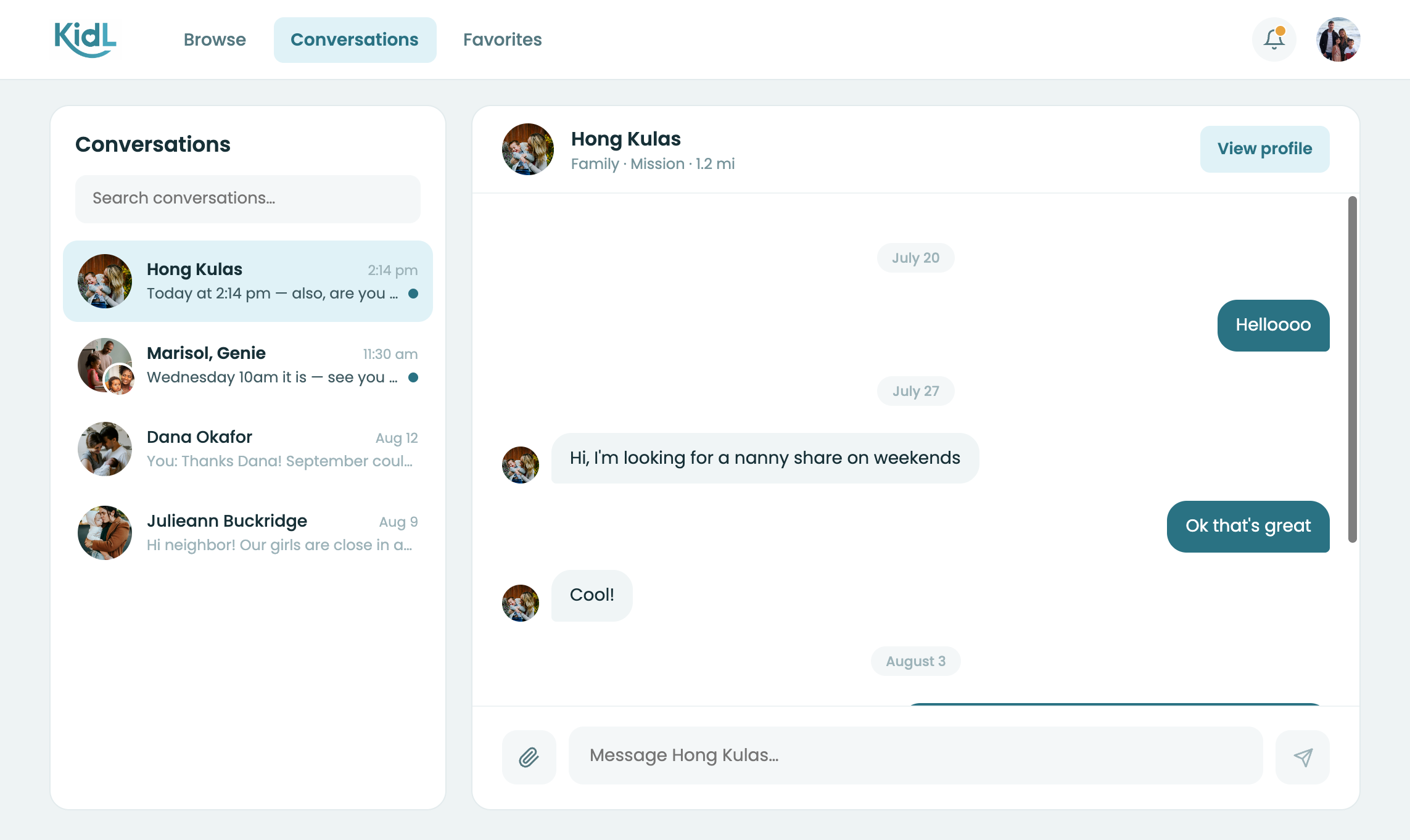 KidL app — chatting with families and nannies